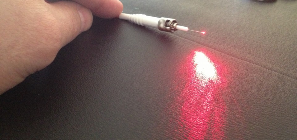 ST connector glowing red from a visual fault locator